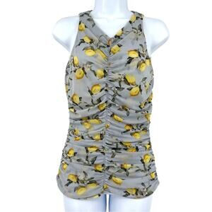 Y2K Coquette Lemon Print Mesh Ruched Sleeveless Top Sz M Fruitcore Coastal Fairy